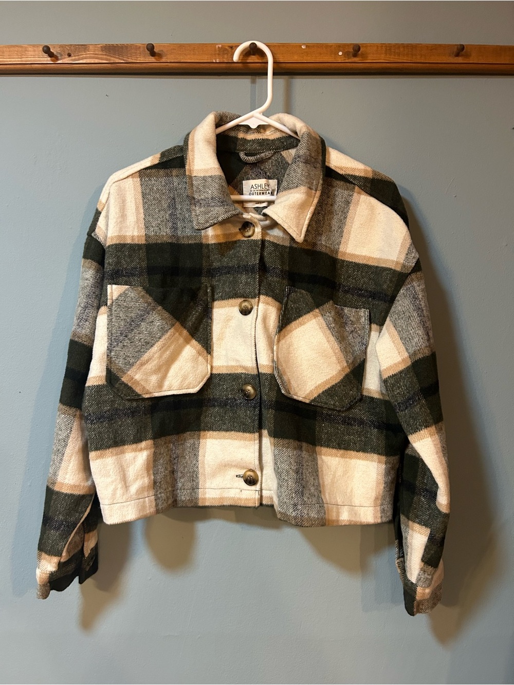 Ashley By 26 International Plaid Cropped Jean Jacket - Green & Cream